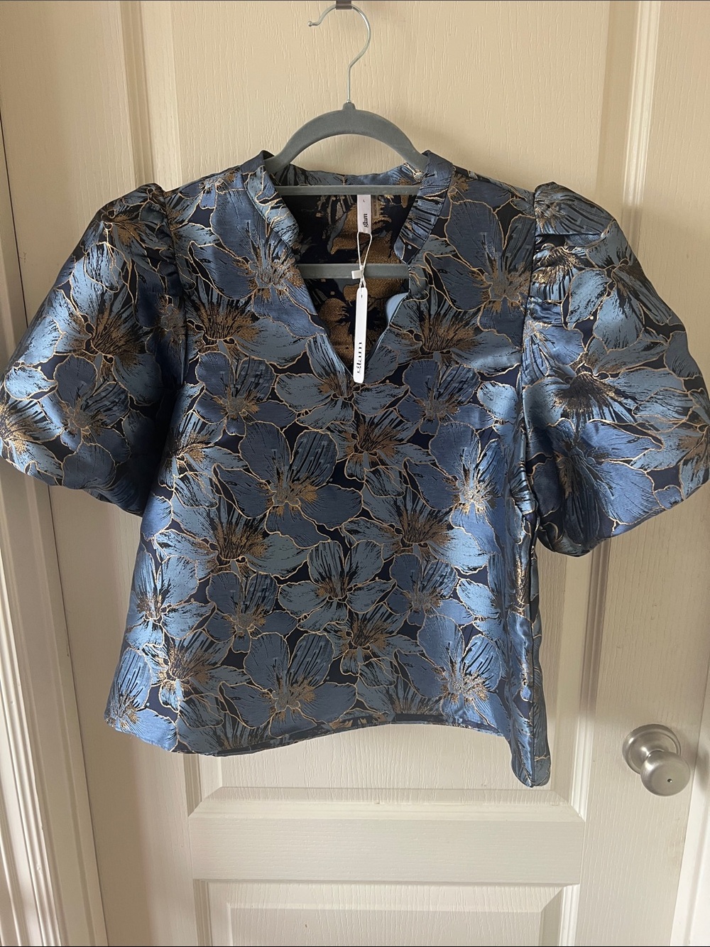 glam Metallic Blue Floral Puff-Sleeve Blouse
